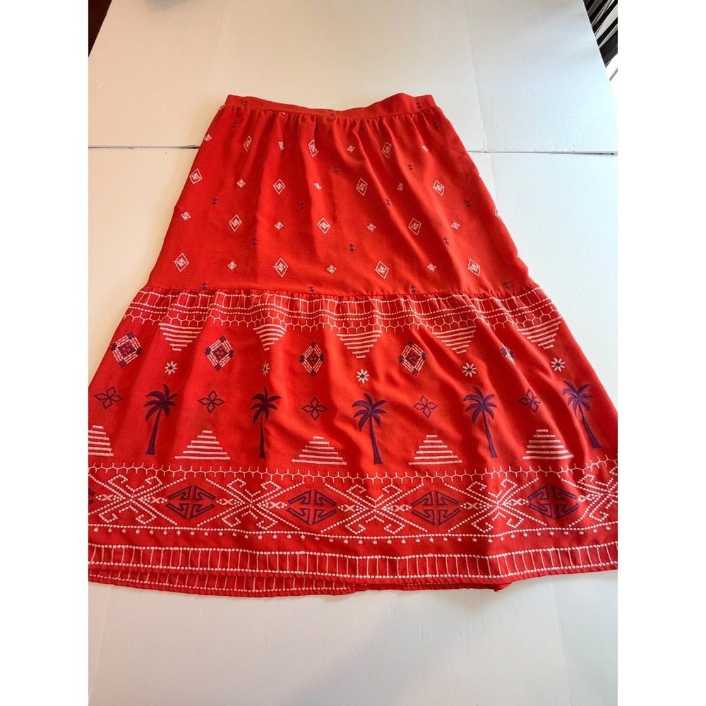 Sofia Jeans by Sofia Vergara Red Embroidered Palm Tree Maxi Skirt XL Boho Tiered